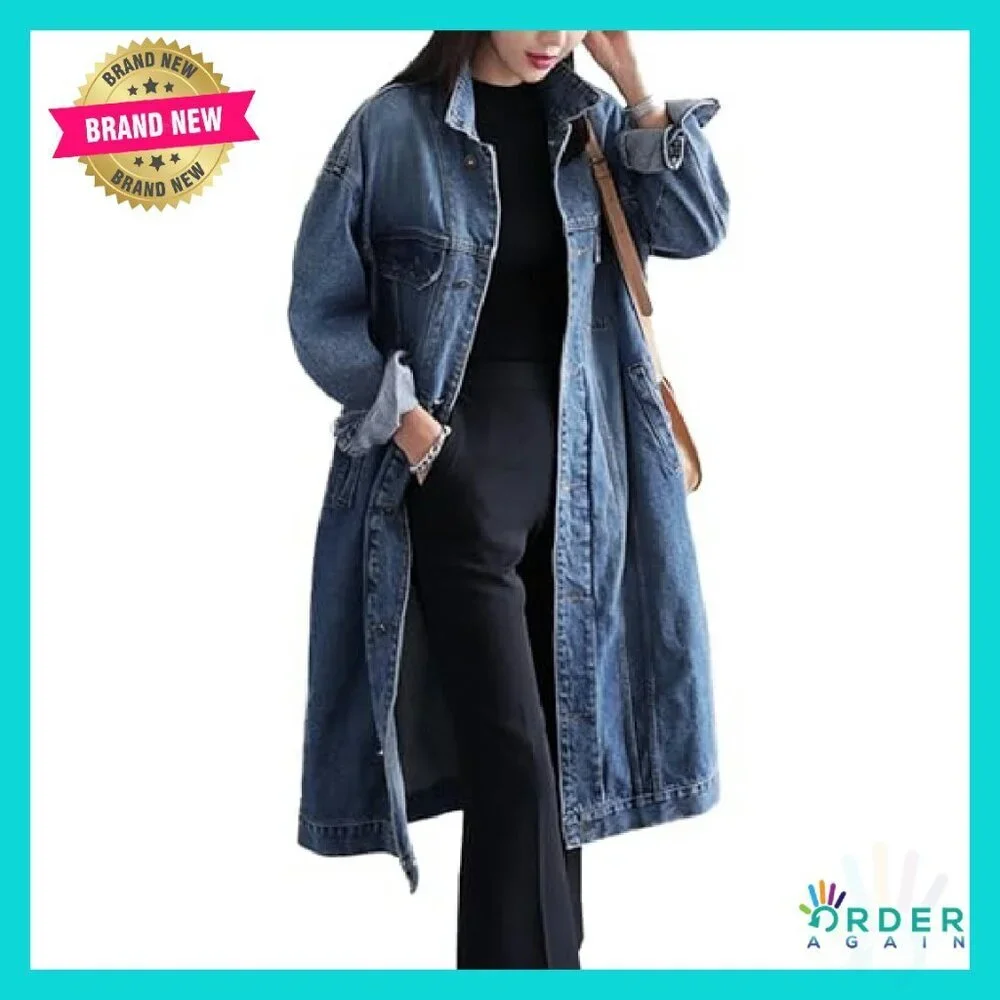 Classic Denim Trench Coat Oversized Loose Fit Long Sleeve Button Down Y2K